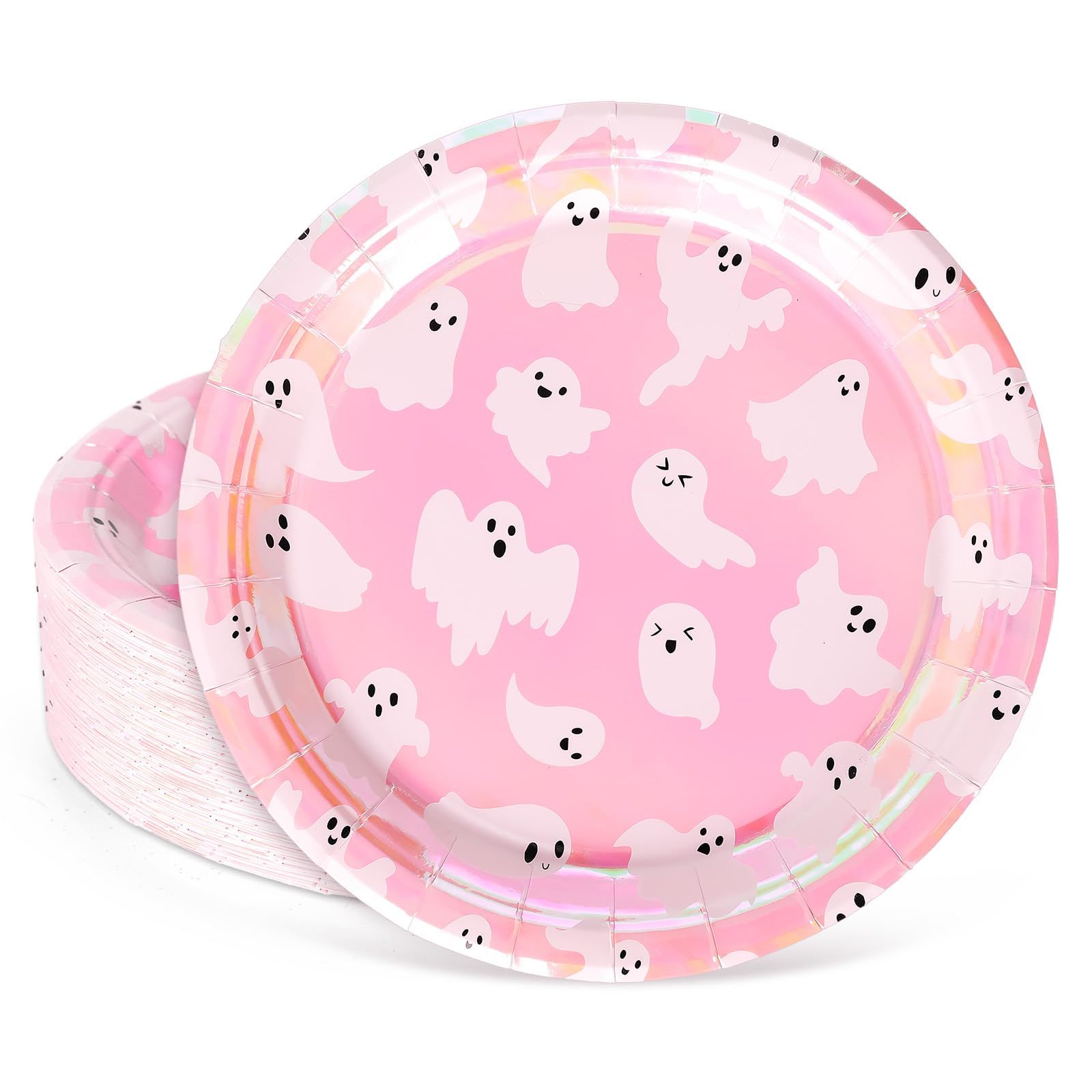 JarThenaAMCS 40Pcs Halloween Paper Plates Pink Ghost Foil Holographic Disposable Round Plates 9 Inch Cute Cartoon Iridescent Decorative Tableware for Birthday Baby Shower Party Decor Supplies