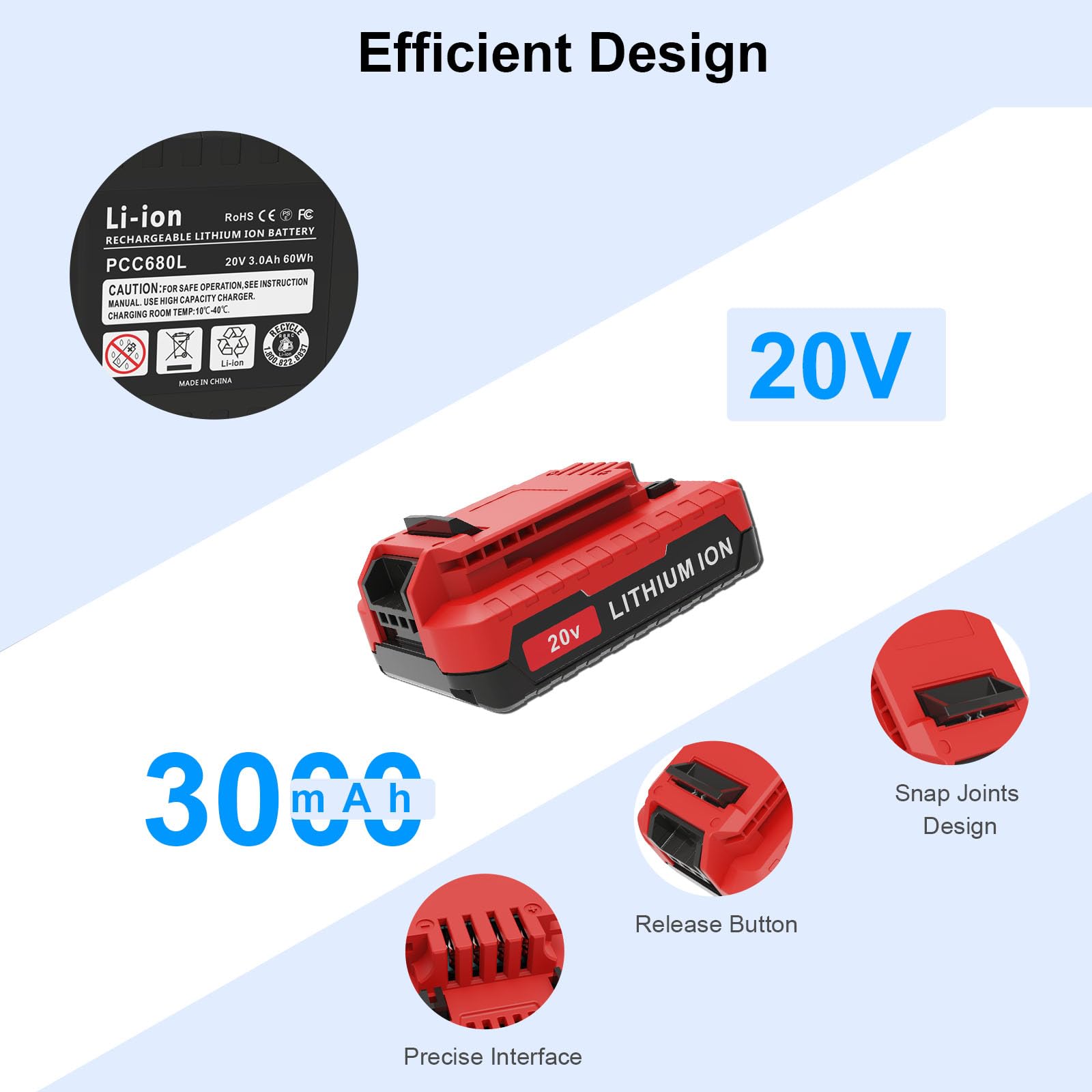 2 Pack 3.0Ah 20V Lithium-ion Replacement Batteries Compatible with Porter Cable 20V Battery PCC681L PCC682L PCC660 PCC641 PCC683L PCC685L PCC601 PCC670