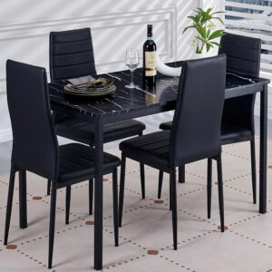 dzovad black 5-piece dining set, kitchen table chairs set of 4 for kitchen & dining room, dinette, space-saving with mdf board table top, 4 upholstered pu leather chairs, metal steel frame