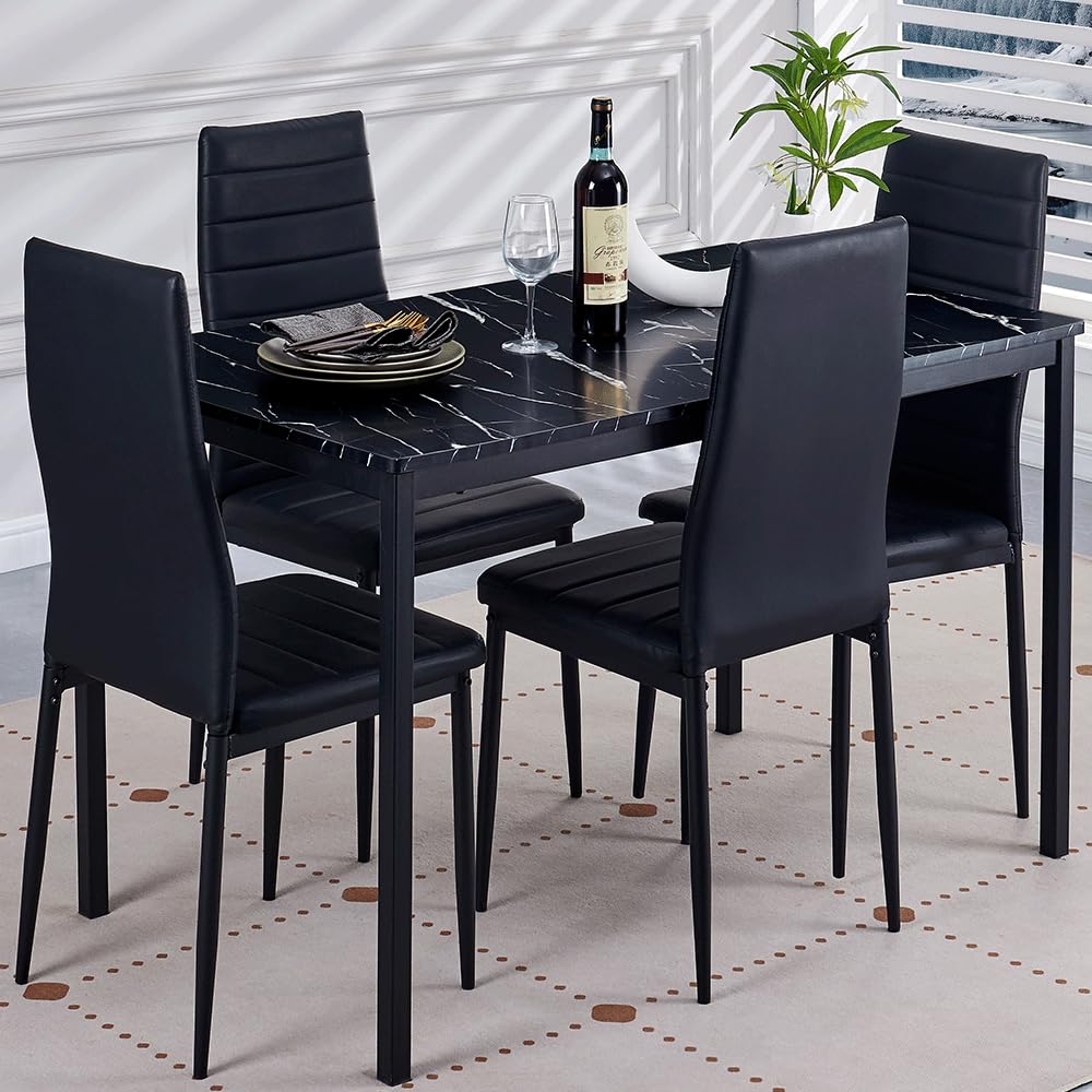 DZOVAD Black 5-Piece Dining Set, Kitchen Table Chairs Set of 4 for Kitchen & Dining Room, Dinette, Space-Saving with MDF Board Table Top, 4 Upholstered PU Leather Chairs, Metal Steel Frame