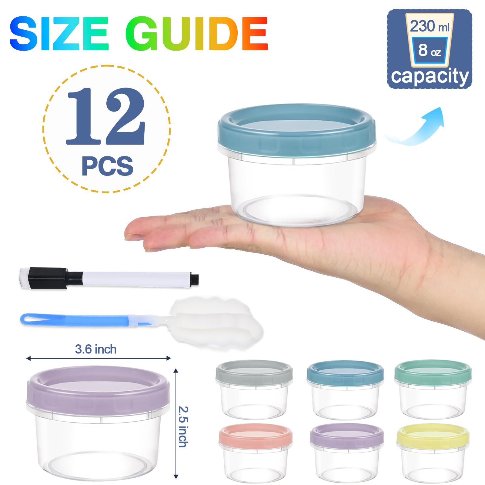 Yomarket 12pcs 8 oz Plastic Containers with Screw Lids, Reusable Clear Food Storage Containers with Pen and Brush for Snack Salad Fruit, Leakproof Small Freezer Containers, Microwave & Dishwasher Safe