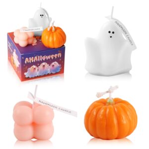 peutier 3pcs halloween decoration candles, soybean wax blend spooky candles with shape of ghost pumpkin magic cube cute scented halloween candles for halloween party bedroom table decor(style a)