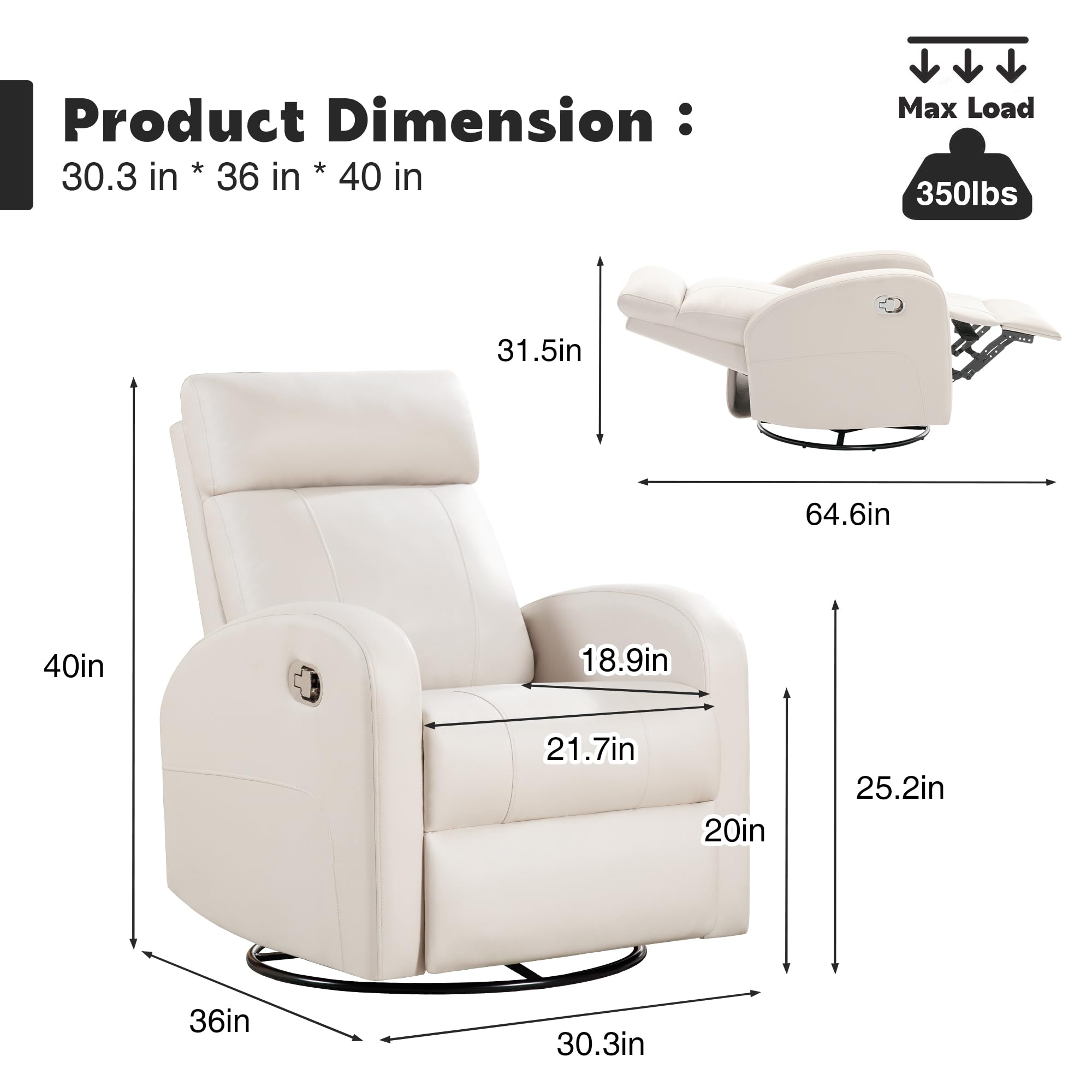 HOMYKA Swivel Rocker Recliner, Manual Glider Rocking Recliner Chair, Leather Swivel Reclining Lounge Chair Nursery Glider Recliners for Small Spaces, Living Room, Beige