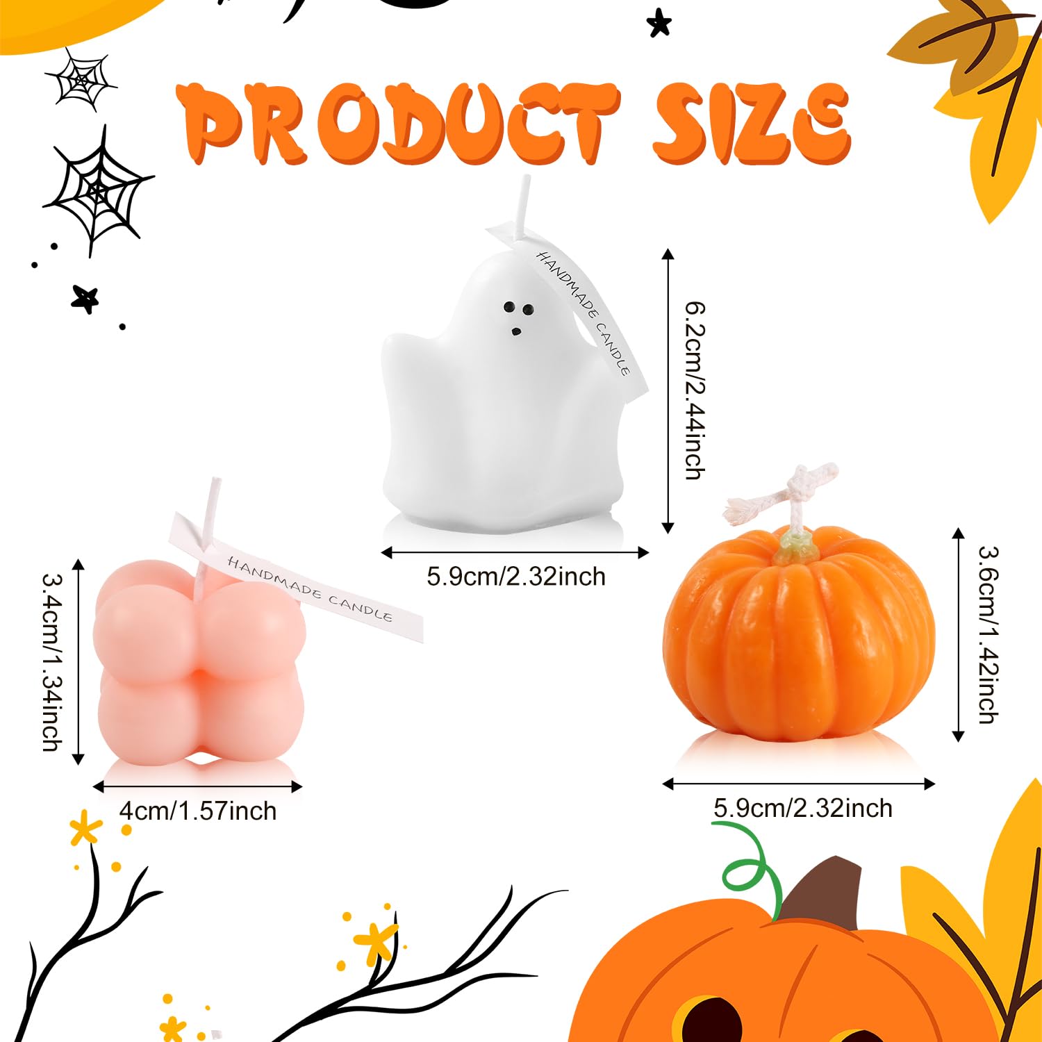 PEUTIER 3pcs Halloween Decoration Candles, Soybean Wax Blend Spooky Candles with Shape of Ghost Pumpkin Magic Cube Cute Scented Halloween Candles for Halloween Party Bedroom Table Decor(Style A)