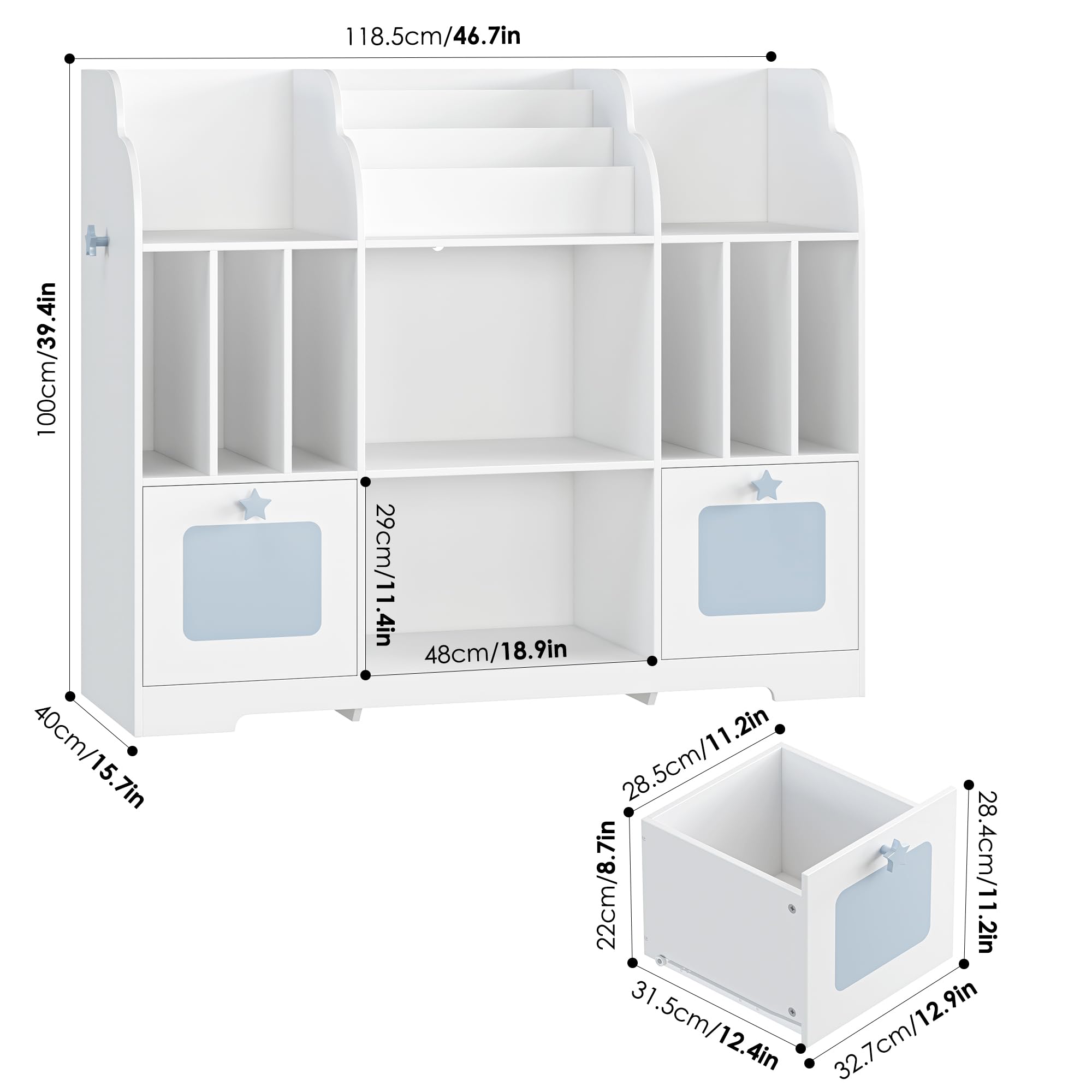 FOTOSOK Toy Storage Organizer, 46'' Toy Shelf, Bookshelf with White and Blue Bookcase & 2 Storage Cubbies Toy Box, Toy Storage Cabinet for Playroom, Bedroom, Classroom, Library