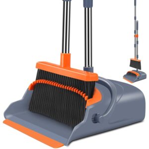 generic upgrade broom and dustpan set, self-cleaning with dustpan teeth, indoor&outdoor sweeping, ideal for dog cat