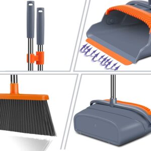 Generic Upgrade Broom and Dustpan Set, Self-Cleaning with Dustpan Teeth, Indoor&Outdoor Sweeping, Ideal for Dog Cat