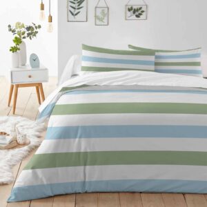 ALAGEO Sage Green Blue Duvet Cover Sets Stripe Bedding Sets 3 Pcs Soft Comforter Covet Set Including 1 Quilt Cover 2 Pillow Cases, Queen Size Comforter Cover Set with Zipper Closure