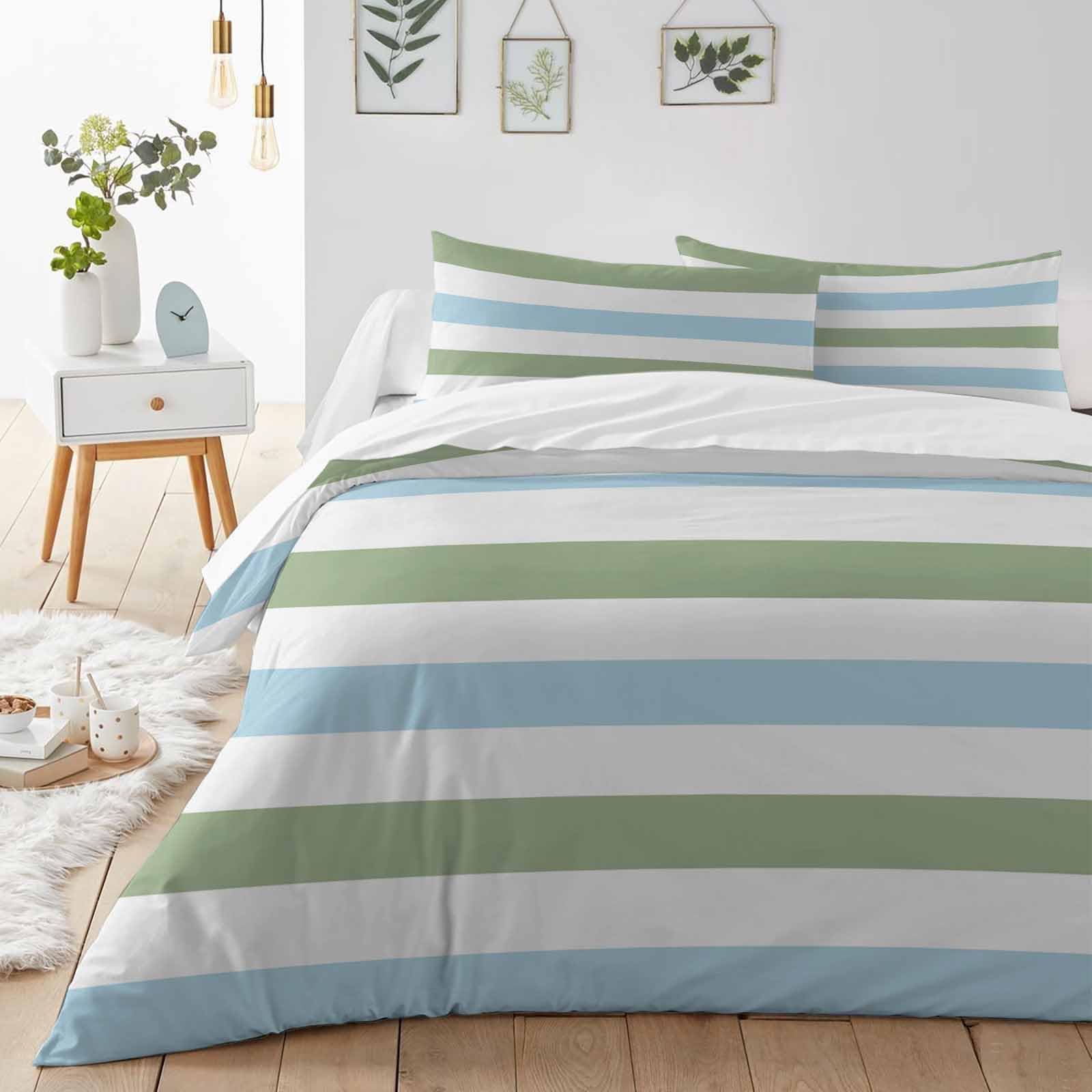 ALAGEO Sage Green Blue Duvet Cover Sets Stripe Bedding Sets 3 Pcs Soft Comforter Covet Set Including 1 Quilt Cover 2 Pillow Cases, Queen Size Comforter Cover Set with Zipper Closure