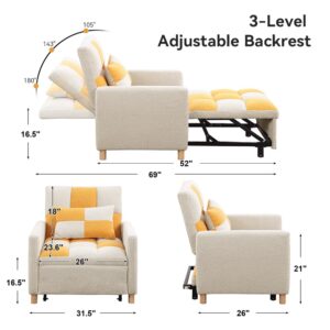 Sleeper Chair Bed - Convertible Single Sofa Chair Bed with Pillow,Pull Out Sleeper Bed with Adjustable Backrest,Multi-Functional Lounge Chair with Teddy Fabric for Apartment,Living Room (Yellow)