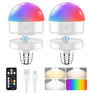 spyong rechargeable light bulbs with remote, battery operated light bulb with dual recharging ways, 350lm dimmer e26 detachable led emergency light with 13 colors optional &3 timer,non-hardwired,2pcs