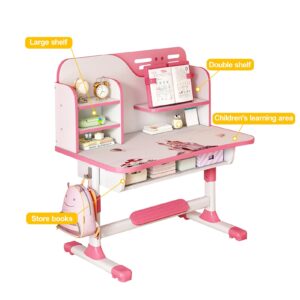 Awjaisca 2Pcs/Set Premium Kids Study Desk Chair Set, Adjustable Height Kids Desk Chair Set with Astronaut Pattern and Drawer - Ergonomic Design for Learning and Play Pink