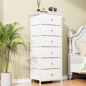 GipGiper Tall Skinny Dresser, Dresser for Bedroom, 6 Drawers Storage Organizer, White Fabric Dresser for Closet, with Sturdy Steel Frame, Metal Handle, Leather Front, Wood Top, Living Room, Nursery