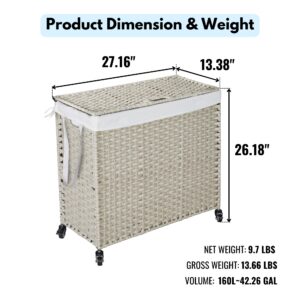 Knocbel Laundry Hamper with Lid and 2 Liners, PE Rattan Frame Clothes Hampers with 2 Removable Bags, Laundry Sorter with Side Handle and 4 Wheels, Gray 160L/42.26Gal