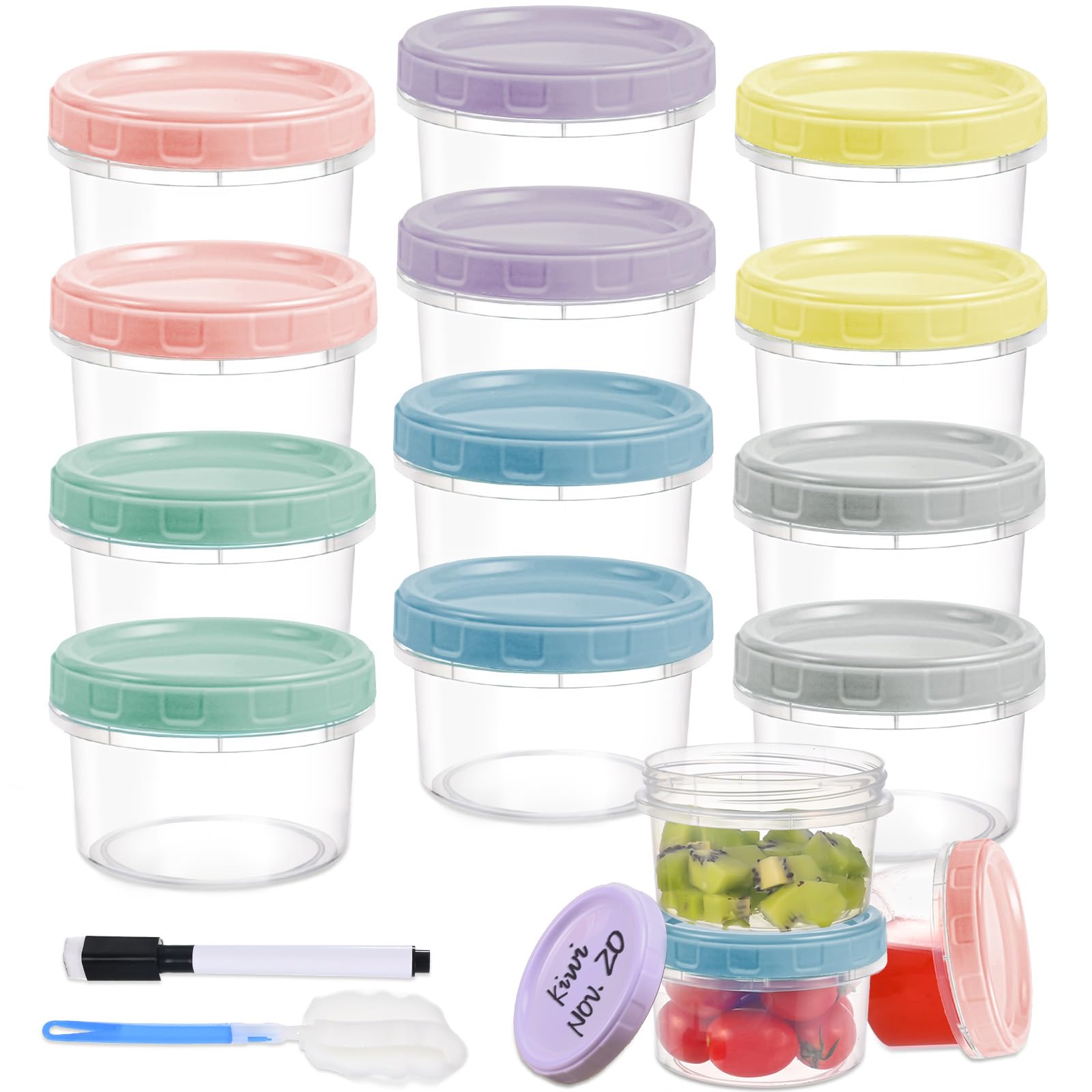 Yomarket 12pcs 8 oz Plastic Containers with Screw Lids, Reusable Clear Food Storage Containers with Pen and Brush for Snack Salad Fruit, Leakproof Small Freezer Containers, Microwave & Dishwasher Safe