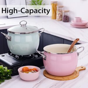 JUSTUP Enamel Stock Pot with Lid, 6-Quart Soup Pot with Circular Handle，Large Cooking Pot Boiling Pot for Gumbo, Stew, Boil, Pasta，Sauce (Pink), 13*9*6.7 Inch