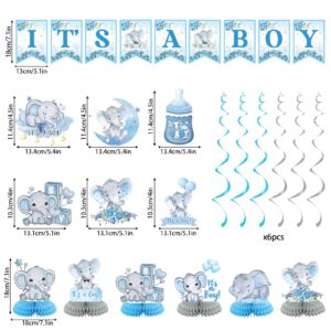 Vlipoeasn Elephant Baby Shower Decorations for Boy, Blue 42PCS Baby Shower Supplies, Mommy to Be Sash, It's a Boy Backdrop, Cake Topper, Cute Honeycomb, Hanging Swirl Flag, Baby Boy Shower Decor