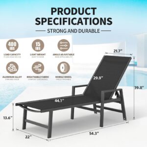 WOAJUQO Aluminum Chaise Lounge Chair Outdoor (Set of 2) -Patio Lounge Chair with Wheels and 5-Position Adjustable Backrest and Outdoor Recliner Full Flat Tanning Chair for Beach,Patio,Lawn,Pool,Black