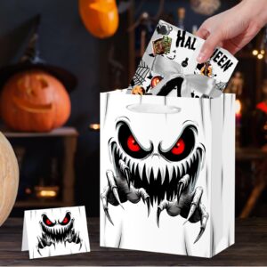 13" Large Halloween Paper Gift Bag Trick or Treat Gift Bag with Card Tissue Paper White Ghost Wrapping Paper Bag Halloween Candy Bag for Halloween Party Decorations Holiday Birthday Favors Supplies