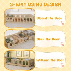 ROCKINGRUN Full Size Montessori Floor Bed Frame with Safety Fence & Convertible Door, Toddler Floor Bed with Sturdy Solid Wood Support Slats and Full-Length Guardrails for Kids Girls Boys (Natural)