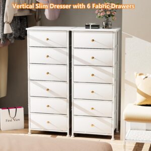 GipGiper Tall Skinny Dresser, Dresser for Bedroom, 6 Drawers Storage Organizer, White Fabric Dresser for Closet, with Sturdy Steel Frame, Metal Handle, Leather Front, Wood Top, Living Room, Nursery