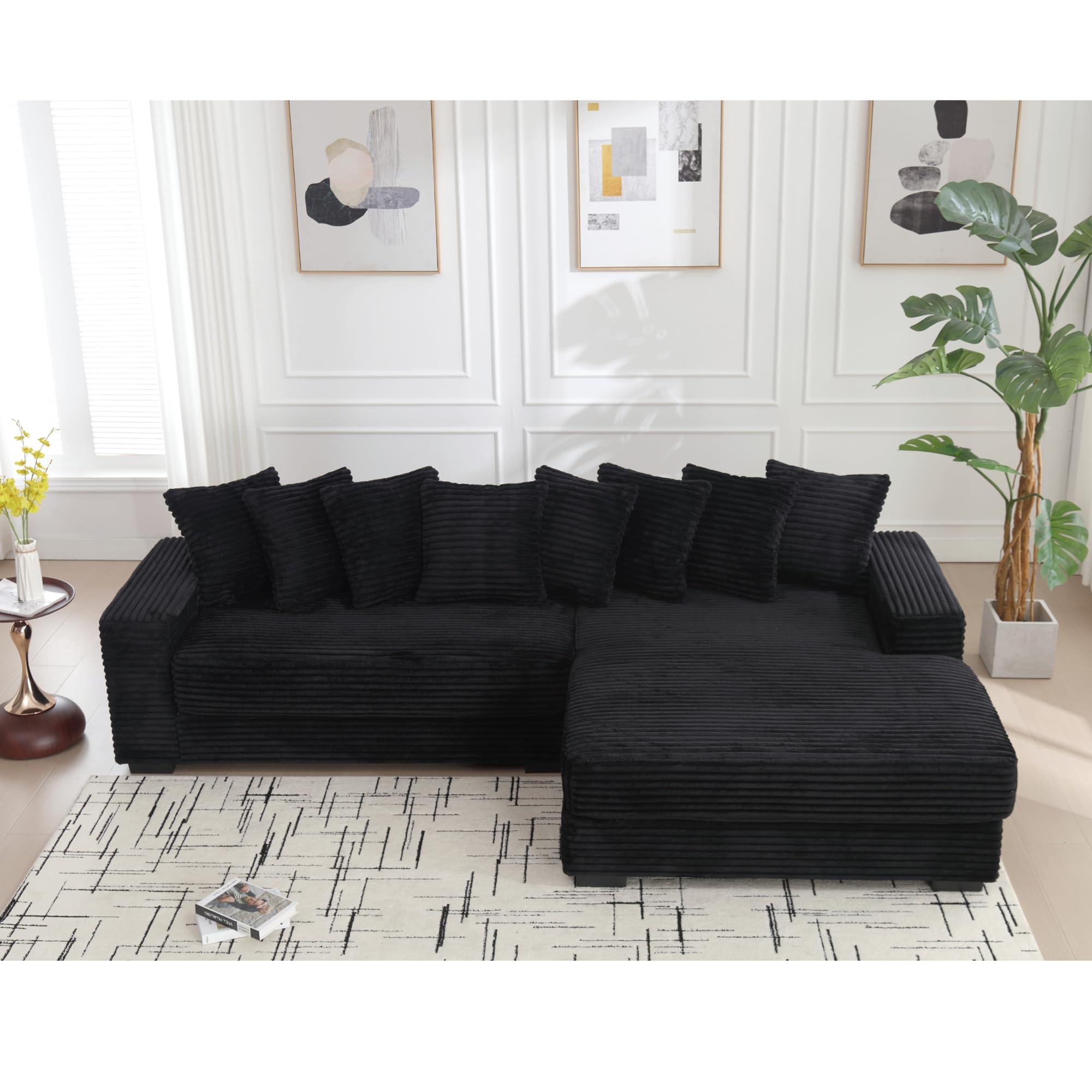 UPYOOE 111'' Modern Sectional Sofa, L-Shaped Corduroy Couch with Right Chaise Daybed, Extra-Wide Oversized Lounge, 8 Pillows, Corner Sofa Set for Living Room, Apartment, Office, Hotel, Bedroom, Black