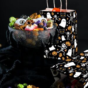 MEHOFOND 16 Pcs Halloween Paper Gifts Bags with Handles, Black Halloween Treat Bags, Skull Ghost Pumpkin Goodie Present Bags for Kids, Trick or Treat Candy Bags for Holiday, Halloween Party Supplies