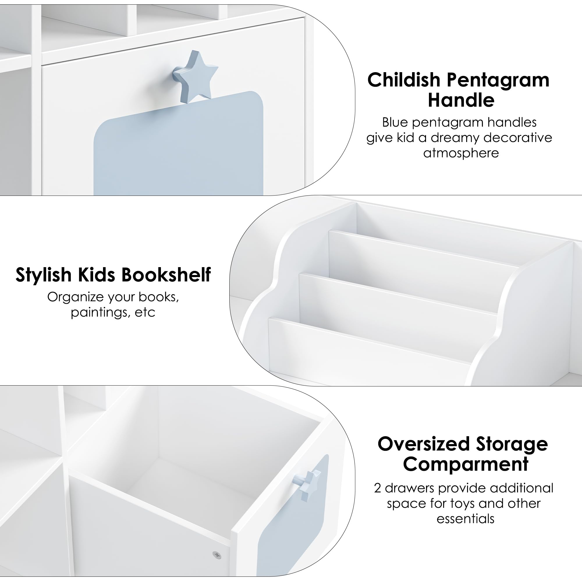 FOTOSOK Toy Storage Organizer, 46'' Toy Shelf, Bookshelf with White and Blue Bookcase & 2 Storage Cubbies Toy Box, Toy Storage Cabinet for Playroom, Bedroom, Classroom, Library