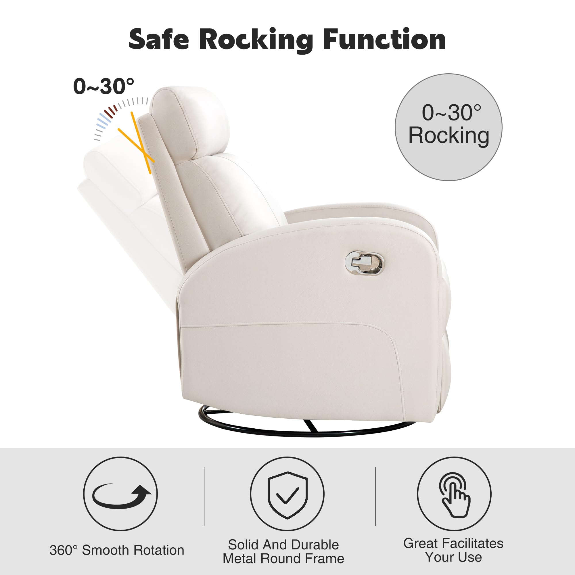 HOMYKA Swivel Rocker Recliner, Manual Glider Rocking Recliner Chair, Leather Swivel Reclining Lounge Chair Nursery Glider Recliners for Small Spaces, Living Room, Beige