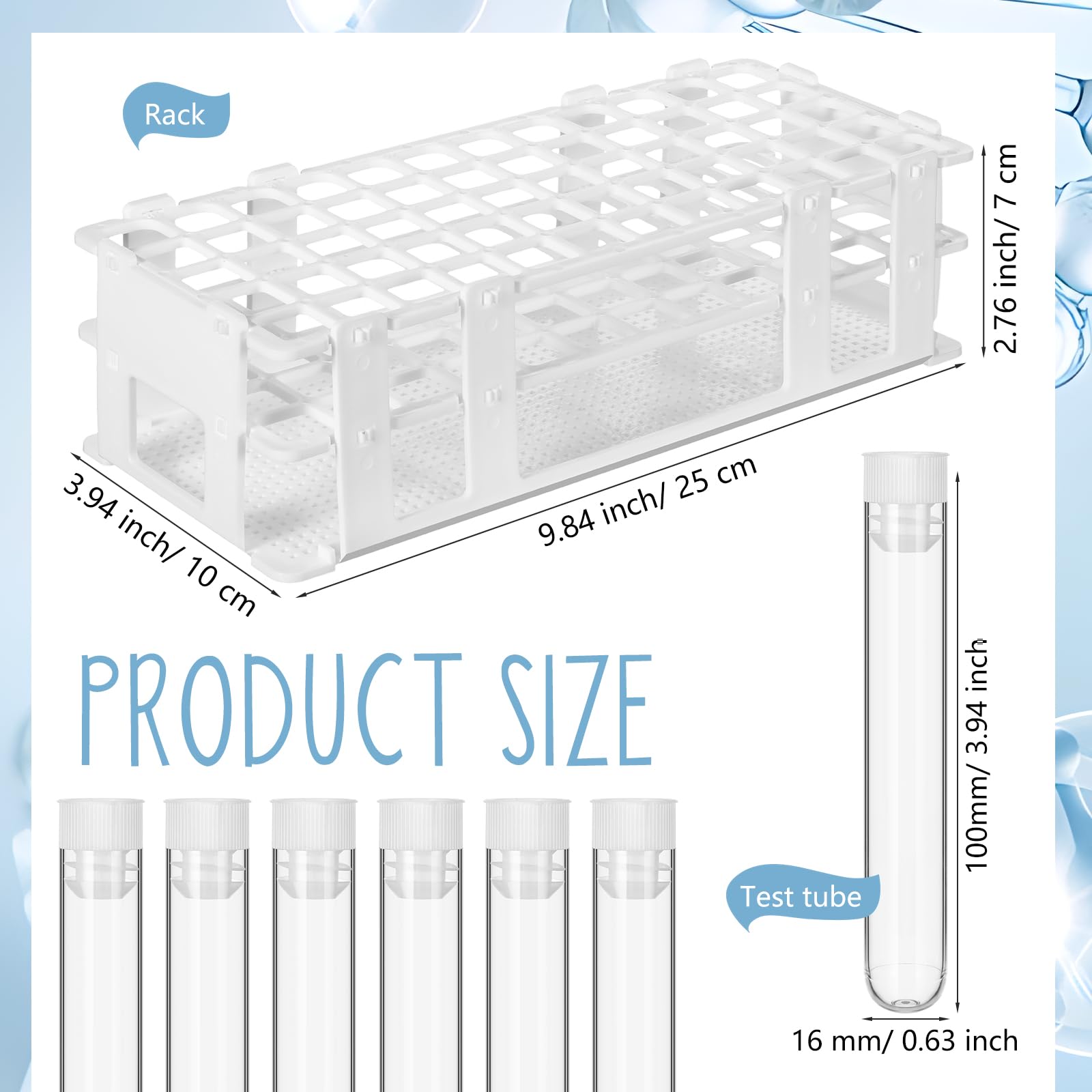 Threehoney 120 Pcs Plastic Test Tubes with Rack Set 16 x 100mm Test Tube with Caps and 60 Holes Tubes Rack for Scientific Experiments Candy Liquid Spice Seed Storage Party Decorations (White)