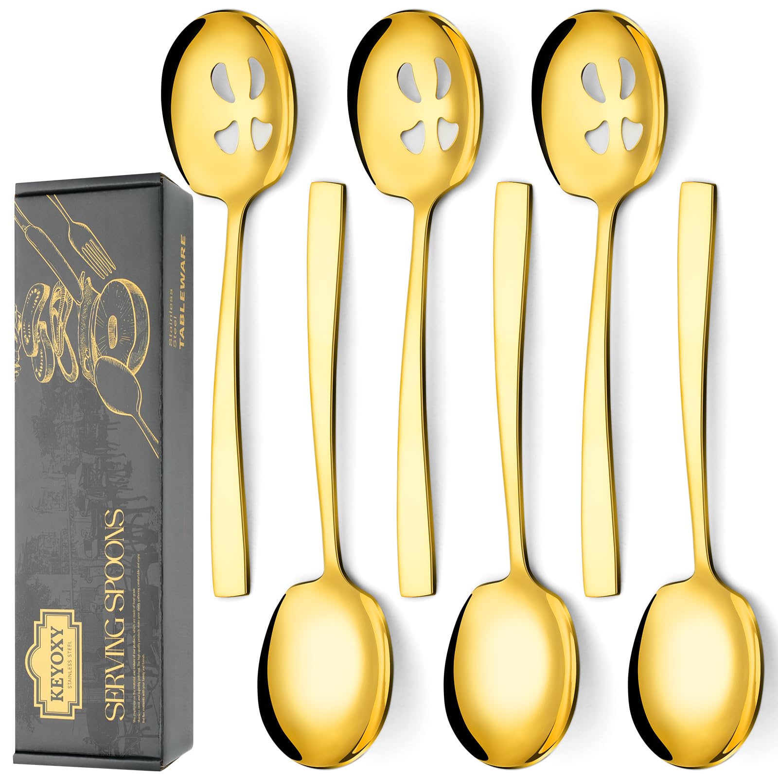 Gold Large Serving Spoons, 6 Pieces Large Stainless Steel Serving Spoons Set Includes 3 Large Serving Spoons,3 Large Slotted Spoons. Serving Spoons for Parties, Dishwasher Safe, 9.2-Inch