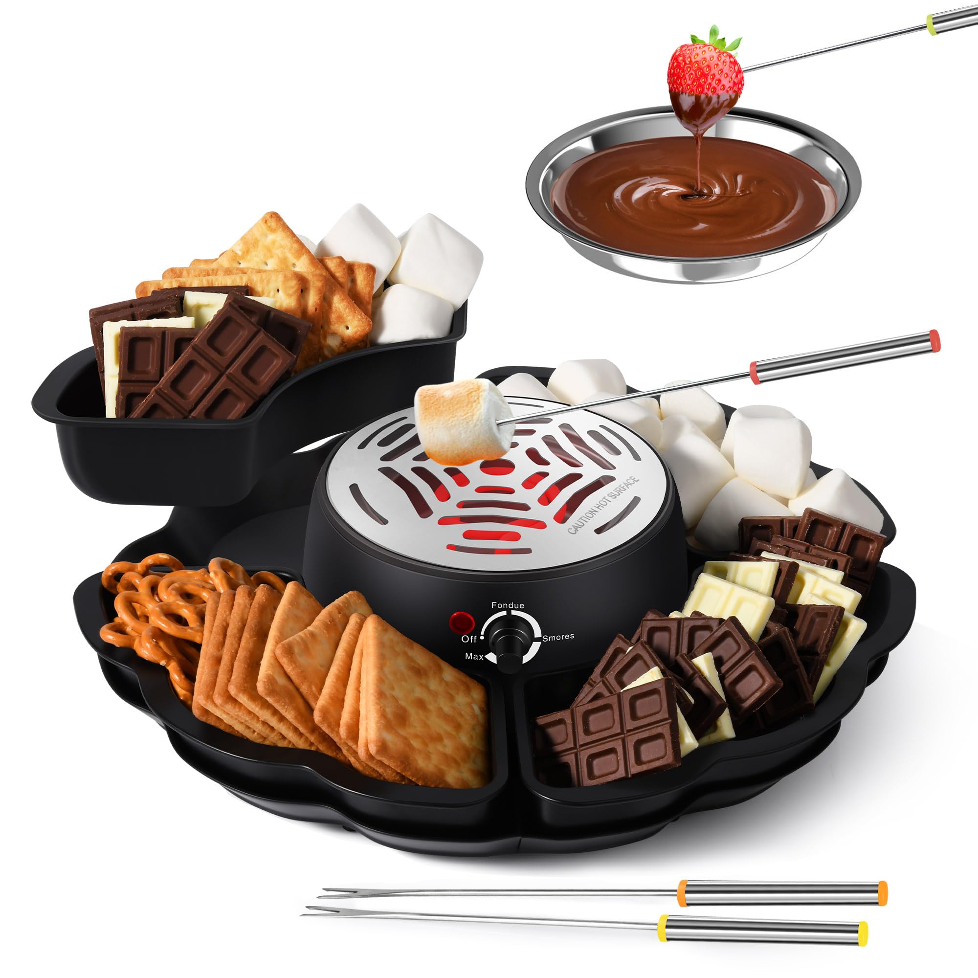 2 In 1 Smores Maker & Fondue Set, Tabletop Indoor Smores Kit, Marshmallow Roaster with Temp Control, 4 Detachable Trays & 4 Roasting Forks and 1 Heated Bowl, Movie Night Supplies & Housewarming Gifts