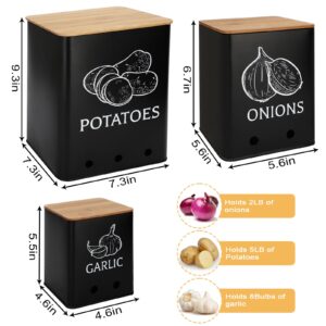 Moondust Wj 3 Pack Vegetable Storage Tins，Potatoes Storage，Metal Onion and Potato Storage Bins，Kitchen Potato and Onion Storage Bin，Onion Storage Containers with Aerating Holes and Wooden Lid.