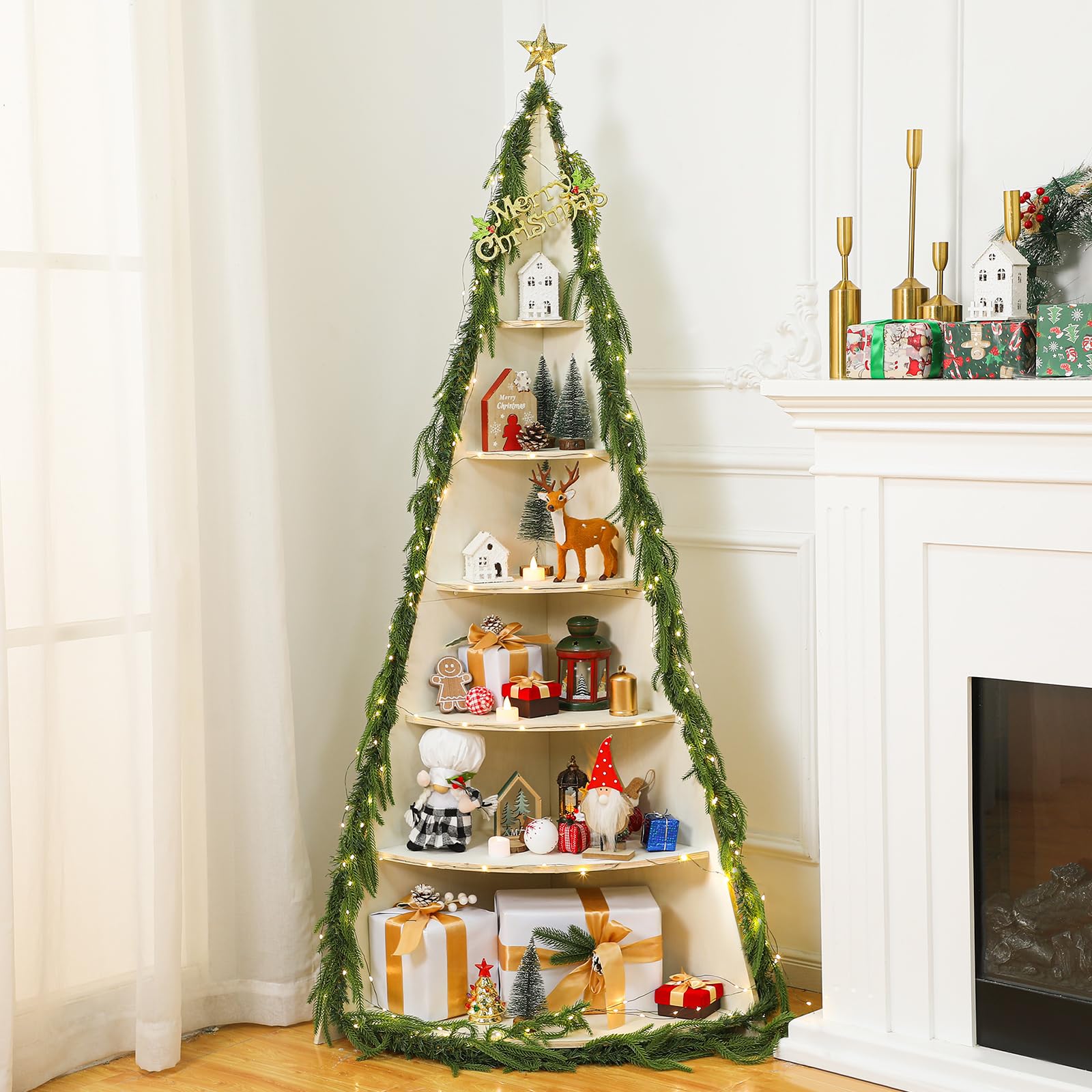 Vercraft Christmas Tree Bookshelf 63" Tall Christmas Tree Corner Shelf 6 Tier Wood Corner Display White Book Tree Bookshelf Ladder Shelves Display Stand for Bedroom Living Room Classroom Office