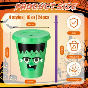 Suttmin 24 Pcs Halloween Party Cups 16 oz Halloween Disposable Plastic Tumbler with Lid and Straw in 4 Colors for Coffee Tea Cold Drinks Party Favors Supplies (Orange, Green, Purple, Pink)