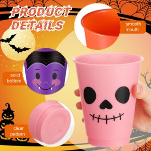 Suttmin 24 Pcs Halloween Party Cups 16 oz Halloween Disposable Plastic Tumbler with Lid and Straw in 4 Colors for Coffee Tea Cold Drinks Party Favors Supplies (Orange, Green, Purple, Pink)