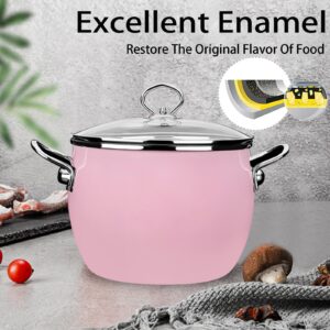 JUSTUP Enamel Stock Pot with Lid, 6-Quart Soup Pot with Circular Handle，Large Cooking Pot Boiling Pot for Gumbo, Stew, Boil, Pasta，Sauce (Pink), 13*9*6.7 Inch