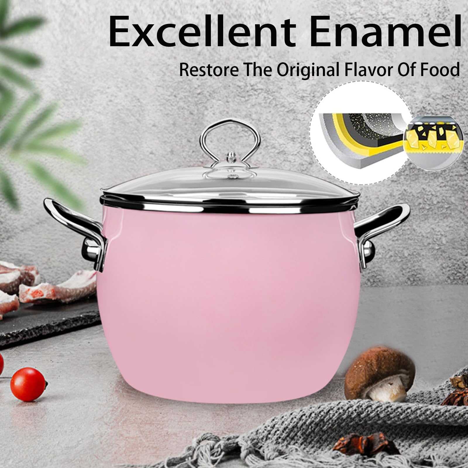 JUSTUP Enamel Stock Pot with Lid, 6-Quart Soup Pot with Circular Handle，Large Cooking Pot Boiling Pot for Gumbo, Stew, Boil, Pasta，Sauce (Pink), 13*9*6.7 Inch