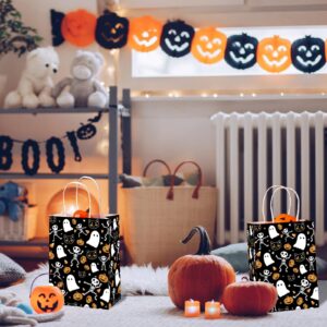 MEHOFOND 16 Pcs Halloween Paper Gifts Bags with Handles, Black Halloween Treat Bags, Skull Ghost Pumpkin Goodie Present Bags for Kids, Trick or Treat Candy Bags for Holiday, Halloween Party Supplies