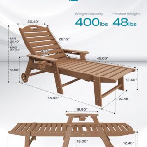 Lounge Chair Outdoor, Oversized Chaise Lounge Chair with 5 Positions, HDPE, Patio Lounge Chair with Wheels & Cup Holder for Pool, Deck, Poolside, Teak