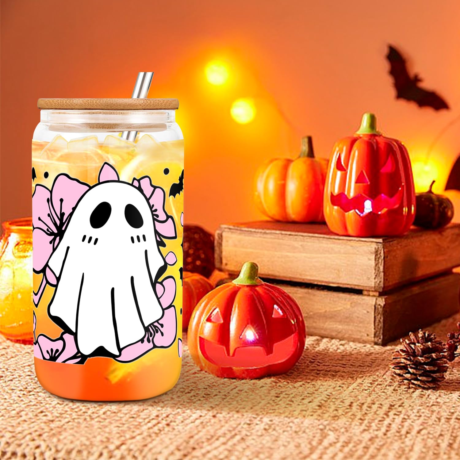 GeoJedrmin Halloween Ghost Cups - 16 oz Glass Cups with Lids and Straws, Halloween Ghost Tumblers Coffee Mugs, Halloween basket, Boo basket stuffers for her, Halloween basket for Women Teen