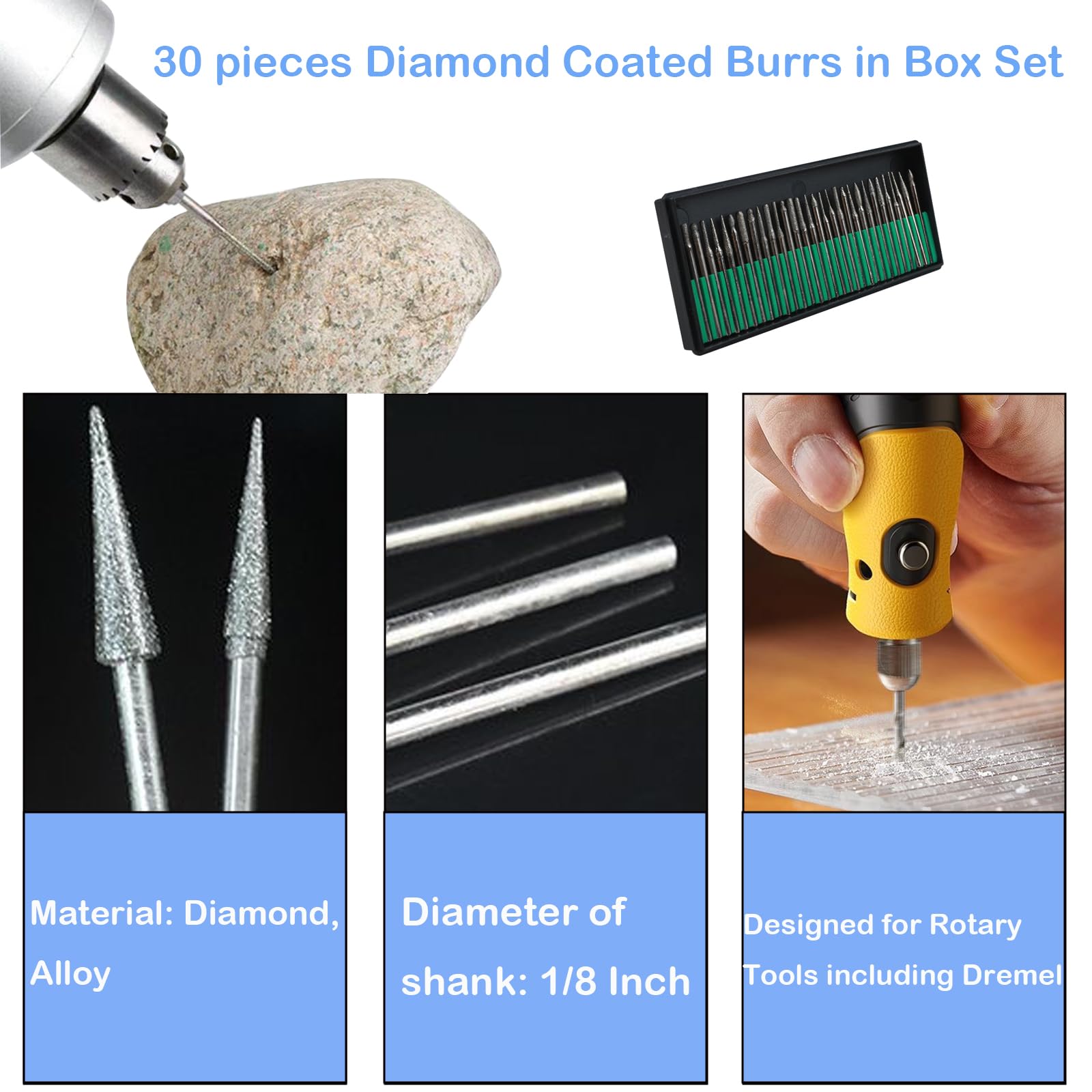 50PCS Stone Carving Set Polishing Diamond Burrs for Dremel, Rotary Tools Accessories Grinding Cutting Burrs with 1/8 inch Shank for Carving, Cutting, Grinding, Polishing Stone, Glass, Jewelry