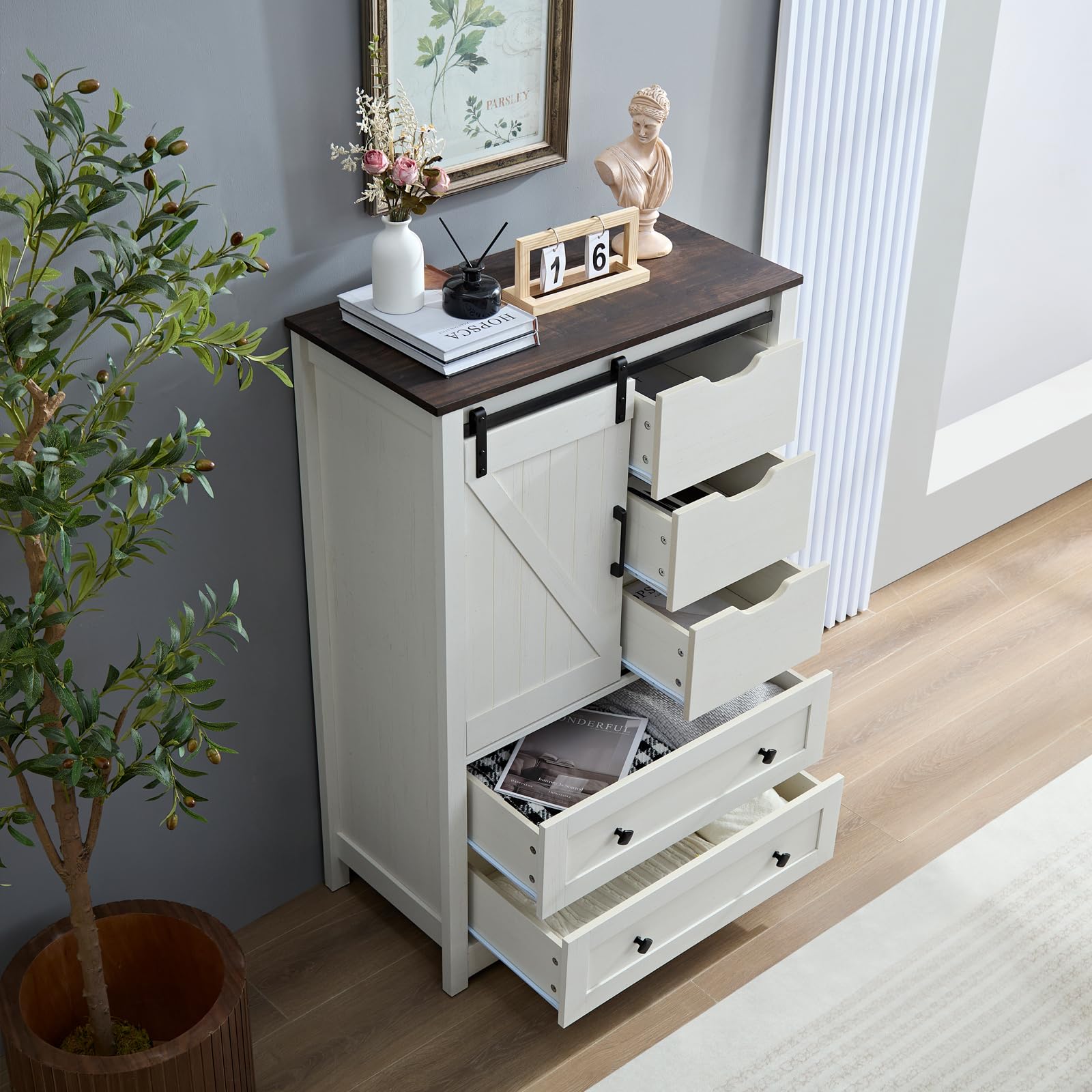 BLANKSPACE White Dresser for Bedroom with 5 Drawers, Rustic Wood Dressers with Sliding Barn Door, Farmhouse Dresser for Bedroom, Dining Room, Hallway, Antique White