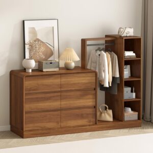 Messenya Dresser with Hanging Racks&Open Shelf Bookcase，Dresser for Bedroom with 6 Drawers Dresser with Clothes Rack, 4-Tier Bookshelf Wood Storage Unit