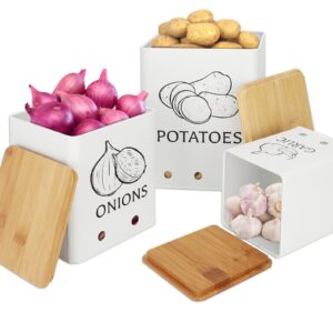 Moondust Wj 3 Pack Vegetable Storage Tins，Potatoes Storage，Metal Onion and Potato Storage Bins，Kitchen Potato and Onion Storage Bin，Onion Storage Containers with Aerating Holes and Wooden Lid.