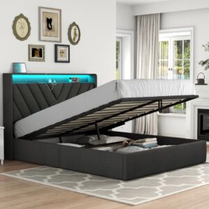 Loomie Queen Lift Up Bed Frame with Charging Station & LED Lights, Upholstered Bed with Modern Wingback Storage Headboard, Hydraulic Storage, No Box Spring Needed, Wood Slats Support, Dark Grey