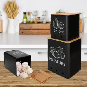 Moondust Wj 3 Pack Vegetable Storage Tins，Potatoes Storage，Metal Onion and Potato Storage Bins，Kitchen Potato and Onion Storage Bin，Onion Storage Containers with Aerating Holes and Wooden Lid.