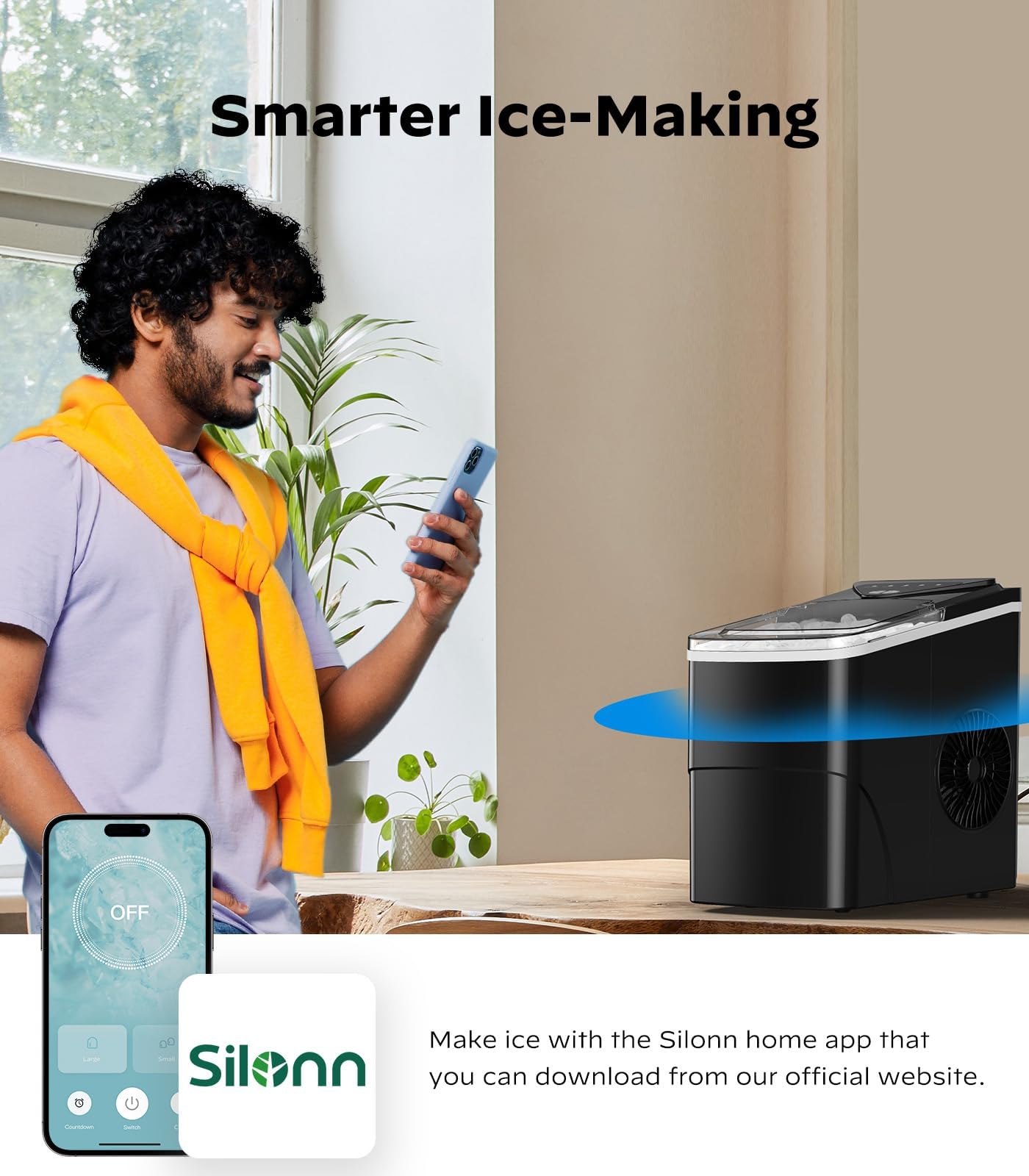 Silonn Smart Countertop Ice Maker - 9 Bullet Cubes in 6 Mins, 26 lbs per Day, Compact Wi-Fi Ice Maker Machine, 2 Ice Cube Sizes, Portable Ice Maker with Self-Cleaning for Kitchen/Office/RV