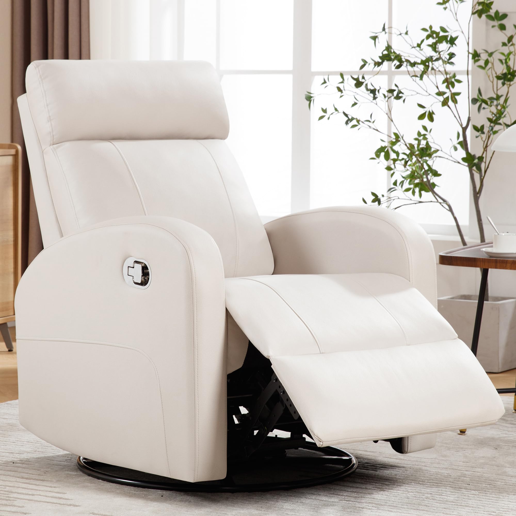 HOMYKA Swivel Rocker Recliner, Manual Glider Rocking Recliner Chair, Leather Swivel Reclining Lounge Chair Nursery Glider Recliners for Small Spaces, Living Room, Beige