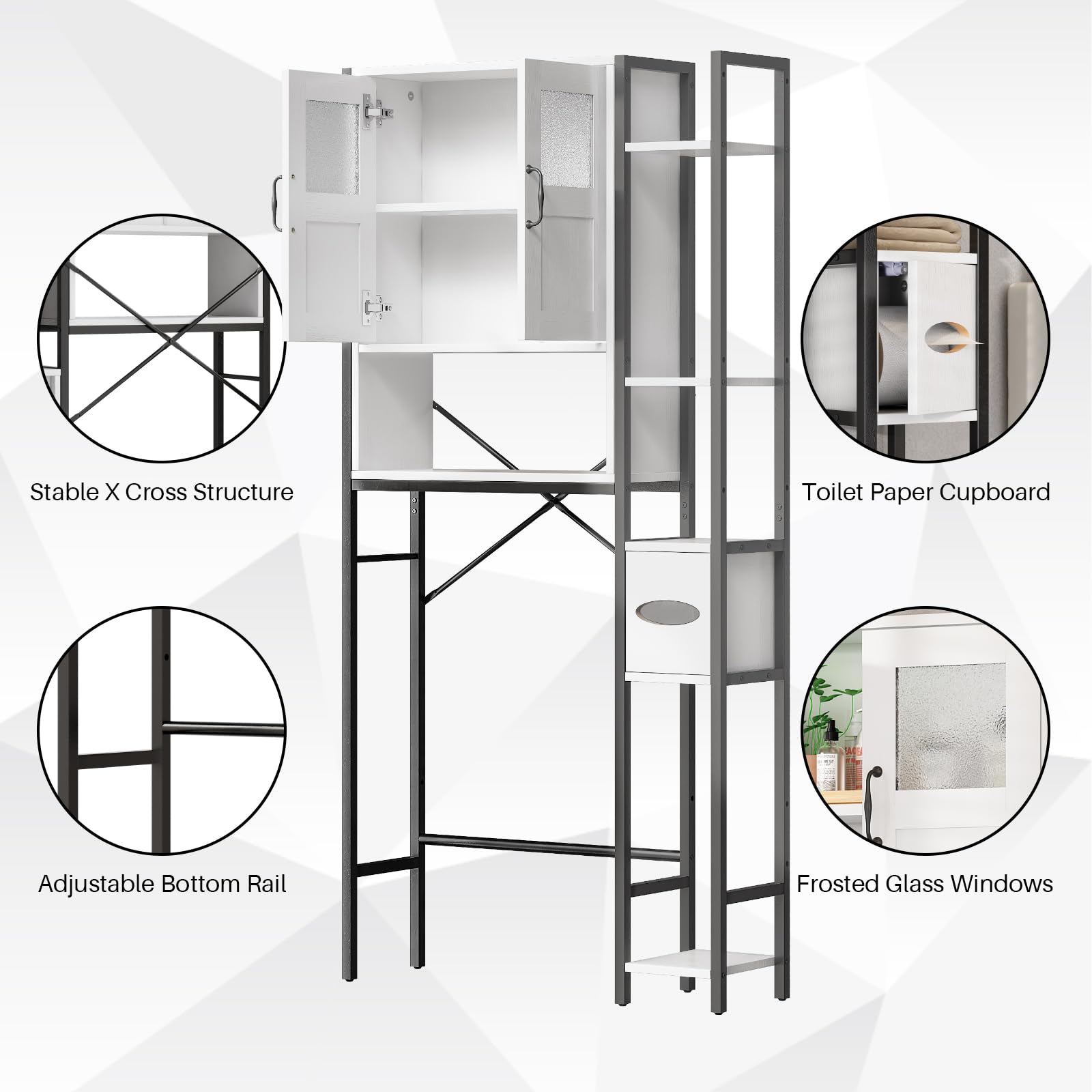 Over The Toilet Storage with Cabinet, Bathroom Storage Organizer above Toilet with Heavy-duty Metal Frame & Adjustable Shelf, Freestanding Space-Saving Storage Rack for Laundry Room,Bathroom (White)